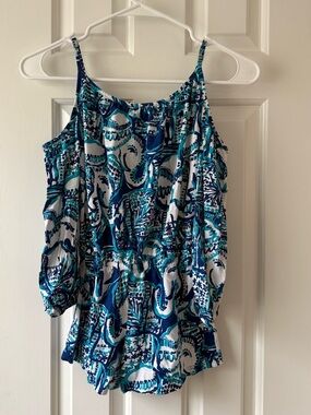 Lilly Pulitzer Girls Blue & White Printed Cold-Shoulder Romper Large (8-10)